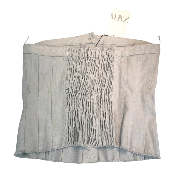 ZARA Women’s Strapless Button Front Corset Style Denim CroppedTop Sz:S SilverNWT - Picture 12 of 16